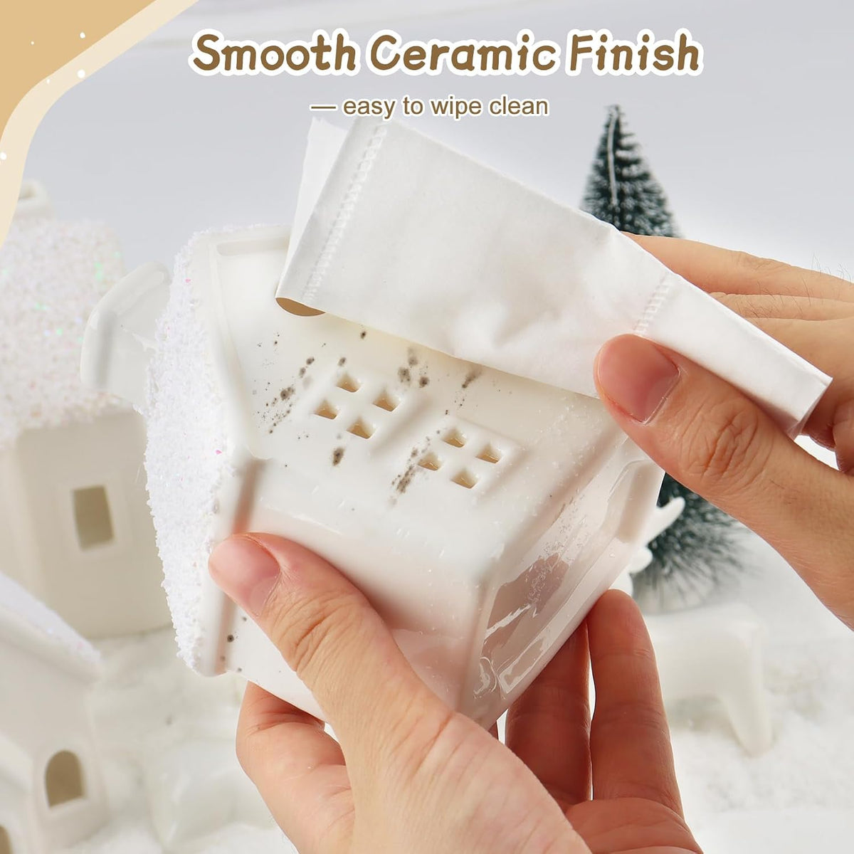 christmas village sets,4 ceramic houses with led lights on a desk or shelf