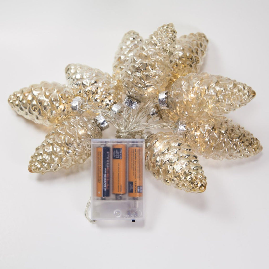 Wintergreen Lighting 6’ Mercury Glass Gold Star Lights/Gold Glass Pinecone String Lights – LED Lights String, Battery Operated, 10 Warm White LED Lights on Clear Wire (10 Pinecone Lights)
