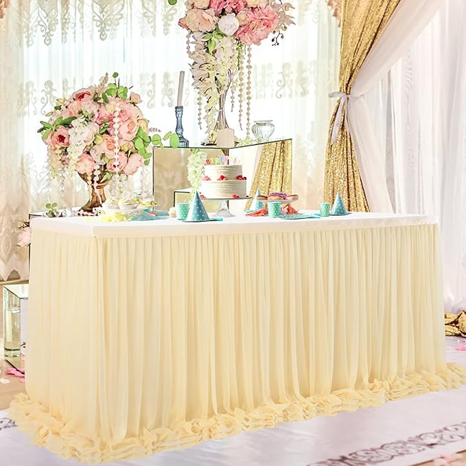 14ft Champagne Table Skirt Tulle Wedding Table Cloth Elegant Tutu Table Skirt Cover for Birthday Party Baby Shower Dessert Buffet Banquet Table Decorations