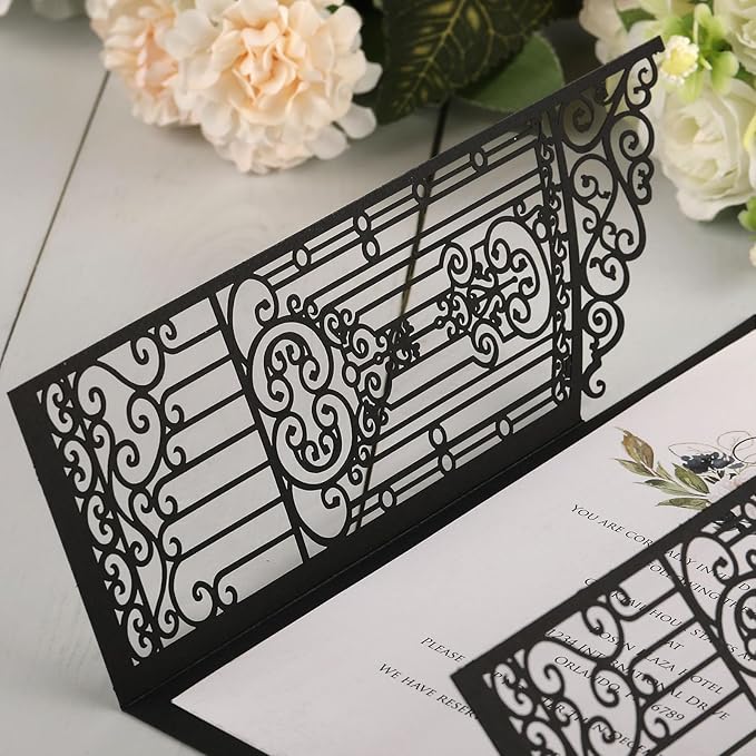 50Pcs Wedding Invitation Kit Black Fences Fold Laser Cut Invitation Pocket Personalized Wedding Card and Rsvp Card for Wedding Engagement Mermaid Birthday Party Invites