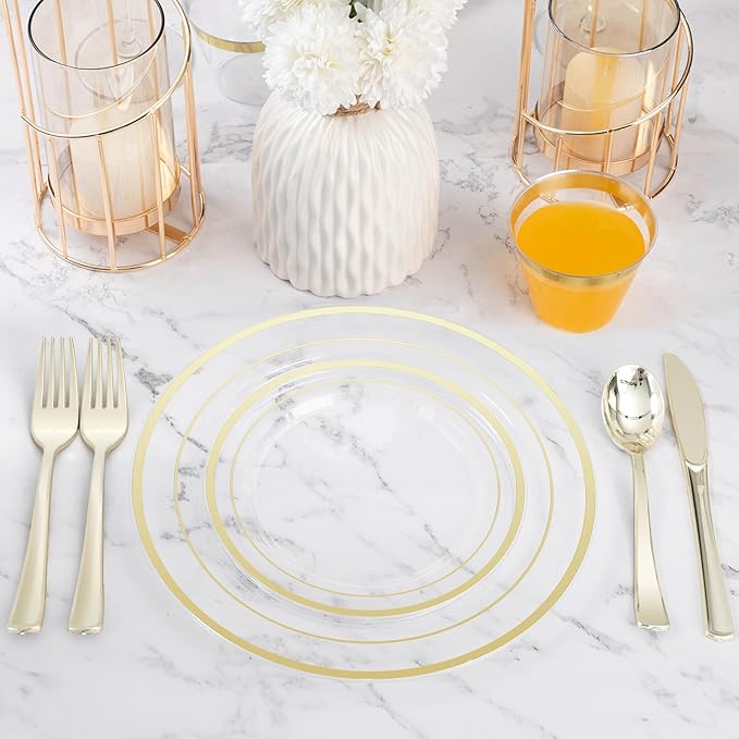 300PCS Clear Gold Plastic Plate Set (50 Guests), Disposable Dinnerware Set for Party, Wedding, Birthday - 100 Plates, 100 Forks, 50 Spoons, 50 Knives for Christmas, Thanksgiving