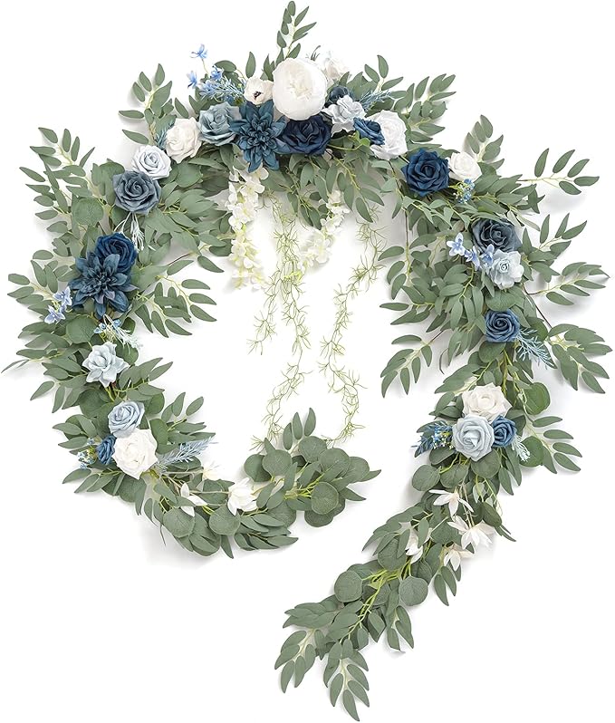 Ling's Moment 9FT Spring Flower Garland- Wedding Arch Flowers for Backdrop Decoration, Eucalyptus & Rose, Artificial Floral Garland for Mantle - Sweetheart Head Table Decor for Reception, Dusty Blue