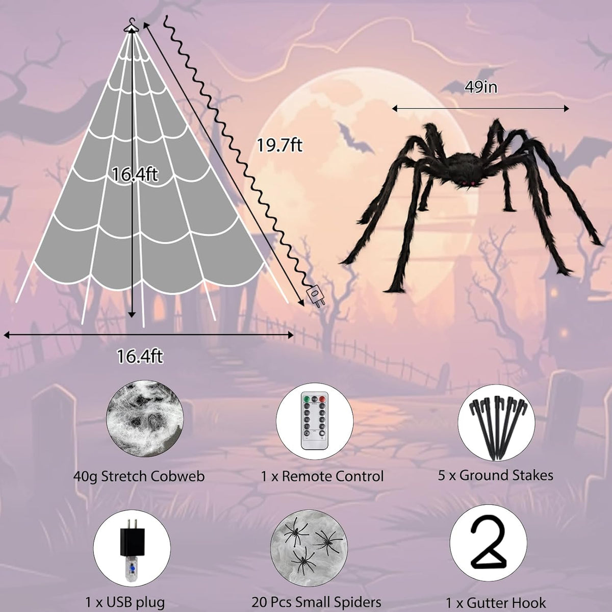 Halloween Decorations Outdoor, Spider Web Lights 250 LED Lighted Spider Web 16.4Ft Giant Halloween Decorations Light up, 8 Lighting Modes Waterproof & Timer for Indoor House Haunted Yard Decor, Purple