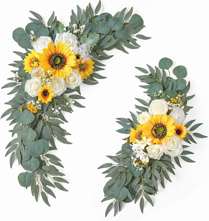 Ponatia Artificial Wedding Arch - Flowers (Pack of 2), White & Sunflowers for Wedding Welcome Signs and Ceremony Decorations