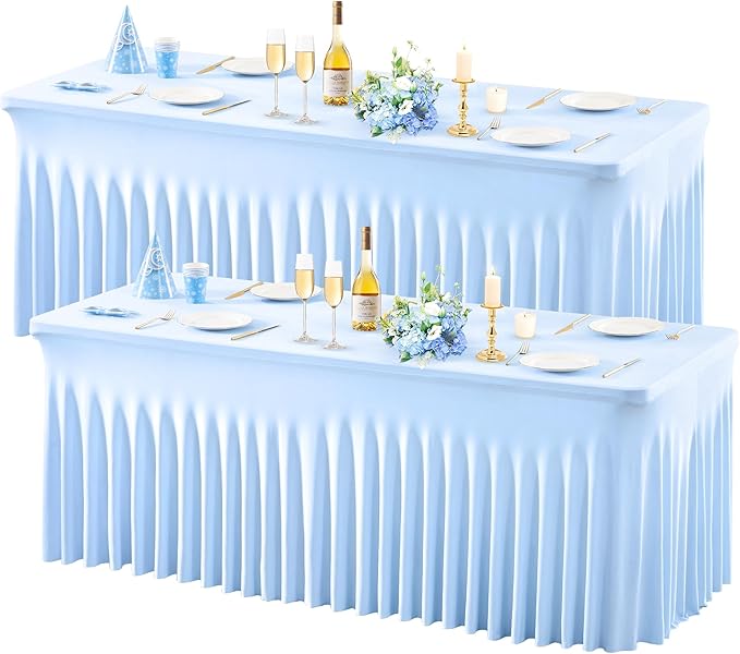 Wish Care 2 Pack Baby Blue Spandex Table Clothes for 8 Foot Rectangle Tables, 8FT Wrinkle Free Fitted Tablecloths Ruffles Design Table Cover for Party, Banquet, Wedding and Events