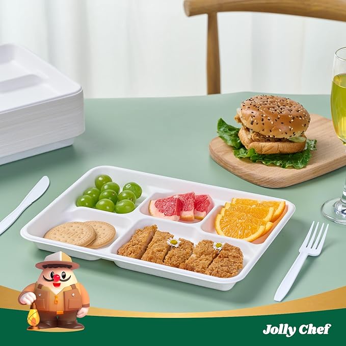 JOLLY CHEF Compostable 𝟱 Compartment Paper Plates 𝟭𝟭 * 𝟴 𝗶𝗻𝗰𝗵 [𝟭𝟬𝟬 𝗣𝗮𝗰𝗸] Heavy Duty White Divided Disposable Plate Eco-Friendly Biodegradable Containers Food Tray for Party Lunch Buffet (100 Pack)