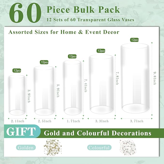 60pcs Cylinder Glass Vase for Centerpieces, 4,6,7.5,8,10 inch Tall Clear Flower Vase Bulk Floating Candle Holder for Wedding Table Home Décor and Party