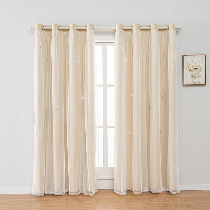 FANLI 2 Panels Star Blackout Curtains for Kid Girls Bedroom Living Room Darking Stripe Double Layer Star Cut Out Wall Home Decor Gradient Grommet Window Curtains (Beige 63L)