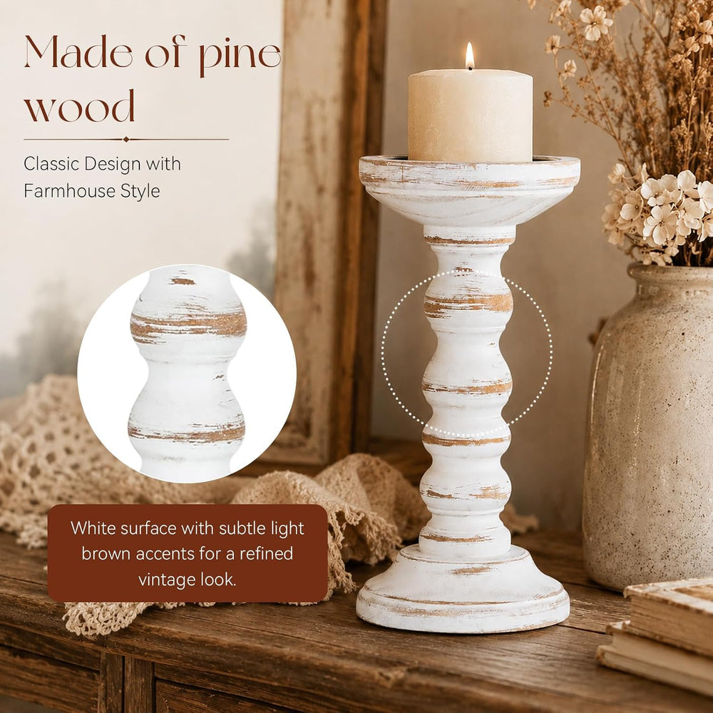 Wood Candle Holder for Pillar, White Farmhouse Fireplace Decor