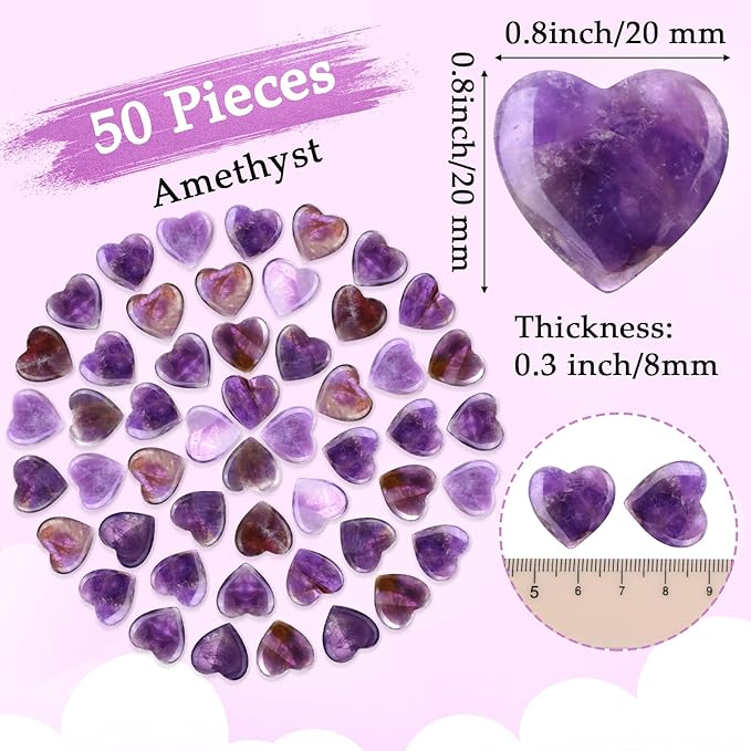 Gerrii 50 Pcs Heart Healing Stone Bulk Quartz Heart Inspirational Stones Gift for Women Love Pocket Polished Natural Energy Balancing Meditation 0.8 Inch(Purple)