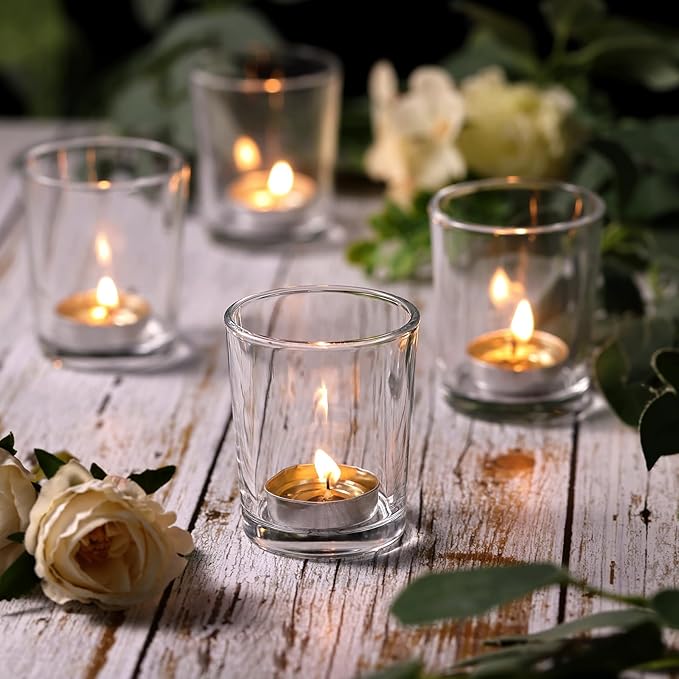 DARJEN 60Pcs Votive Candle Holders- Clear Tea Lights Candle Holder, Glass Candle Holders Bulk for Wedding Centerpieces, Festival & Party Table Centerpiece Decor