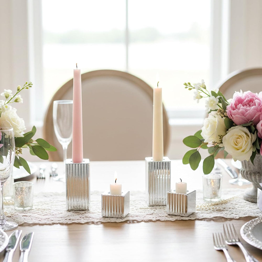 LETINE 12pcs Silver Vertical Stripe Glass Candlestick Holders - Chic Taper Ca...