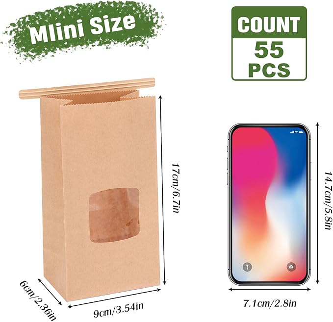 Moretoes 55pcs Small Bakery Bags with Window, 3.54x2.36x6.7in Tin Tie Tab Kraft Paper Bags for Cookie Coffee Bread Bakery Packing