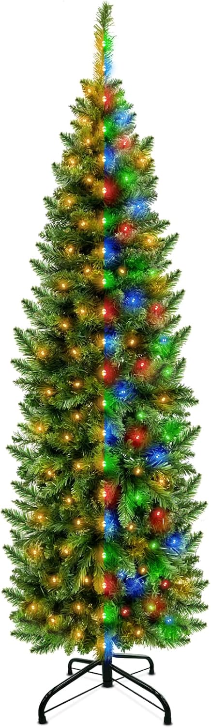 5 Ft Prelit Pencil Christmas Tree with 180 LED Dual Color Change Lights