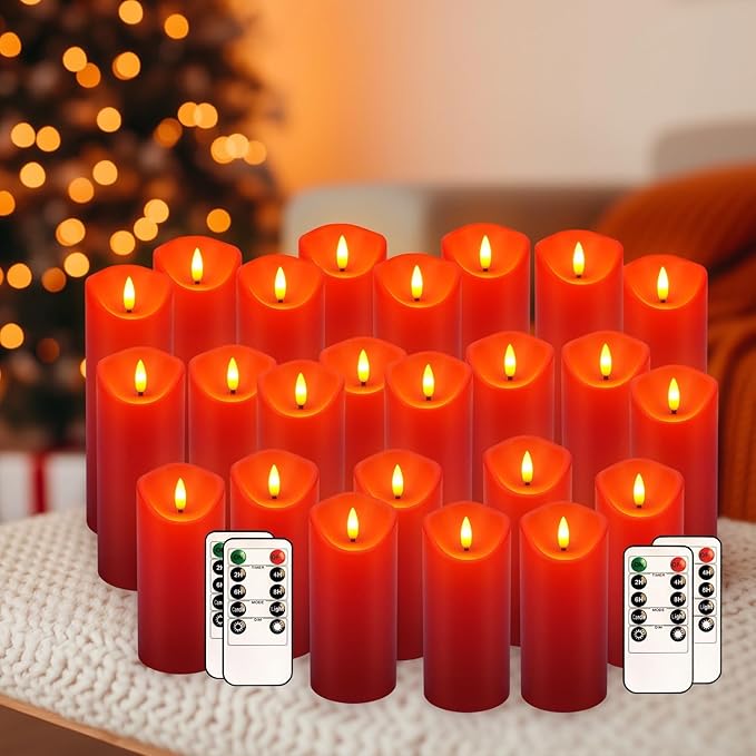 24 Pack Christmas Decoration Flickering Flameless Candles,LED Candles Battery Operated Pillar Candles with Remote Control.for New Year, Home Decor, Parties,Wedding(D2.2 xH 5" 6" 7" Red)