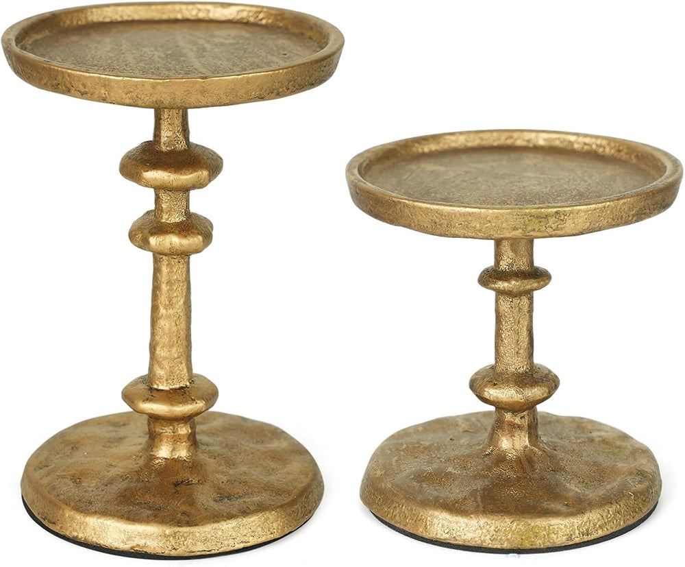 Gold Cast Iron Pillar Candle Holders Set of 2 Farmhouse Candlesticks