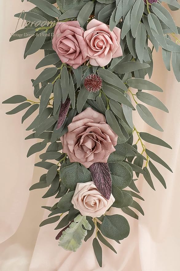 Floroom 6ft Artificial Eucalyptus Garland with Flowers Fake Greenery Faux Floral Vine Garland for Table Decor Wedding Centerpieces Bridal Shower Party Decorations, Dusty Rose & Mauve