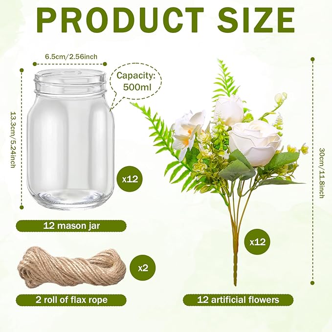 12 Pcs Mason Jar Table Centerpiece Floral Table Centerpiece Vases with Flower for Wedding Reception Party Decor