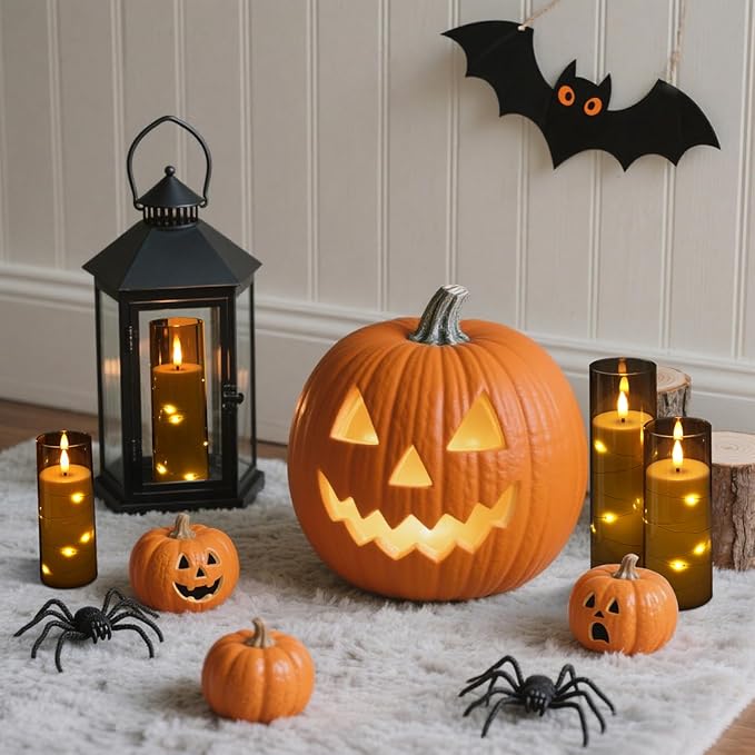 Raycare Flameless Candle with Remote Timer – 9 Flickering Acrylic Battery Operated LED Pillar Candles with Embedded Star String for Halloween, Fall Decor, Harvest Festival Gifts(Grey) (9 Pcs)