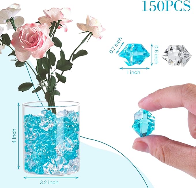 DomeStar 150PCS Fake Ice, Vase Filler Mixed Blue Fake Ice Rocks, Acrylic Crystals for Crafts Table Scatter Wedding Party Aquarium Tank Decorations