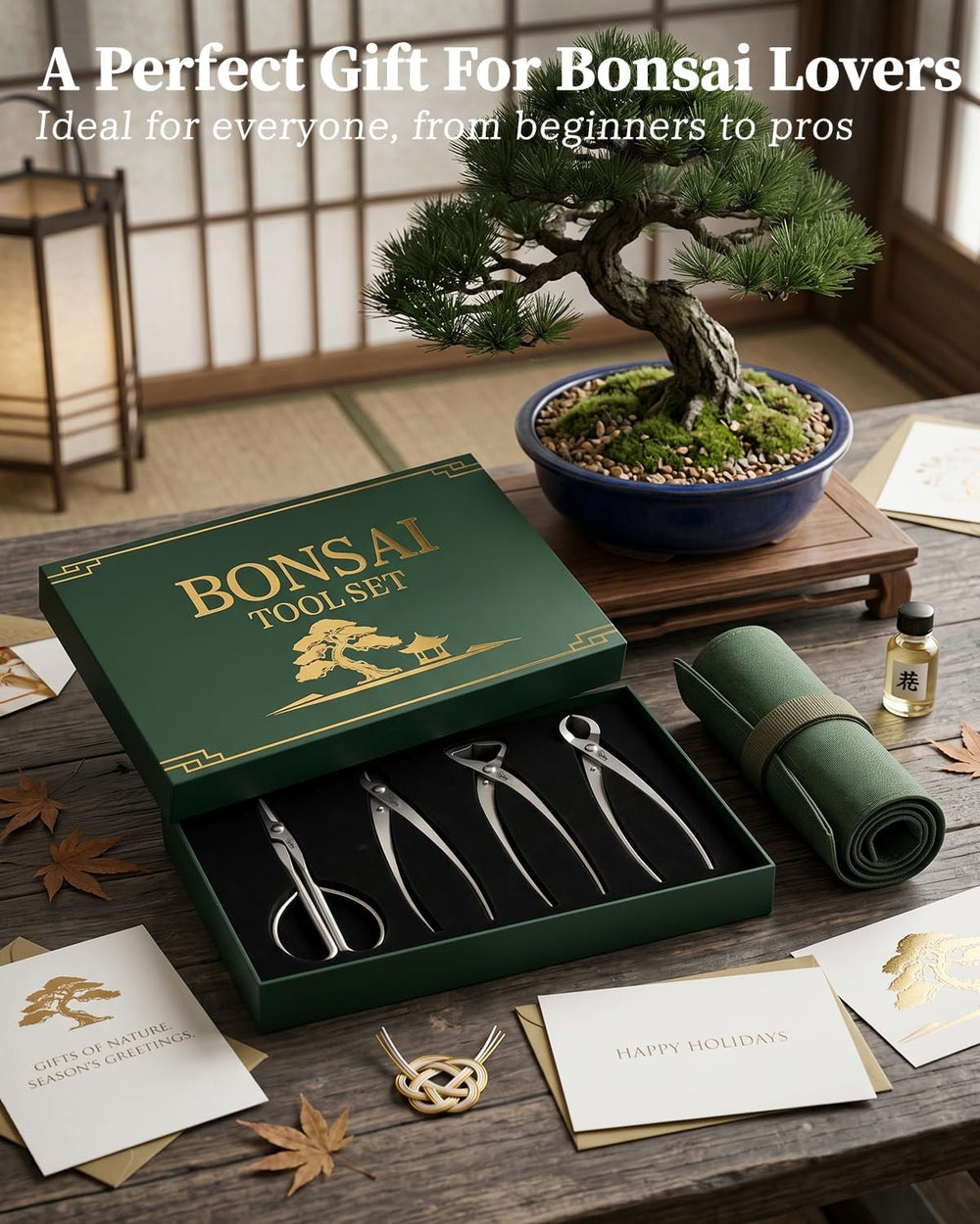 Bonsai Tool Kit 4PCS with Tool Roll Bag & Luxury Gift Box, Bonsai Tools Set
