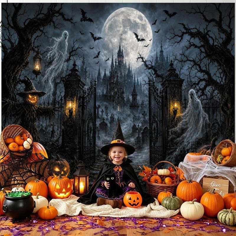 Halloween Graveyard Castle Backdrop 10x8ft, Spooky Ghost Pumpkin Gothic Haunt...
