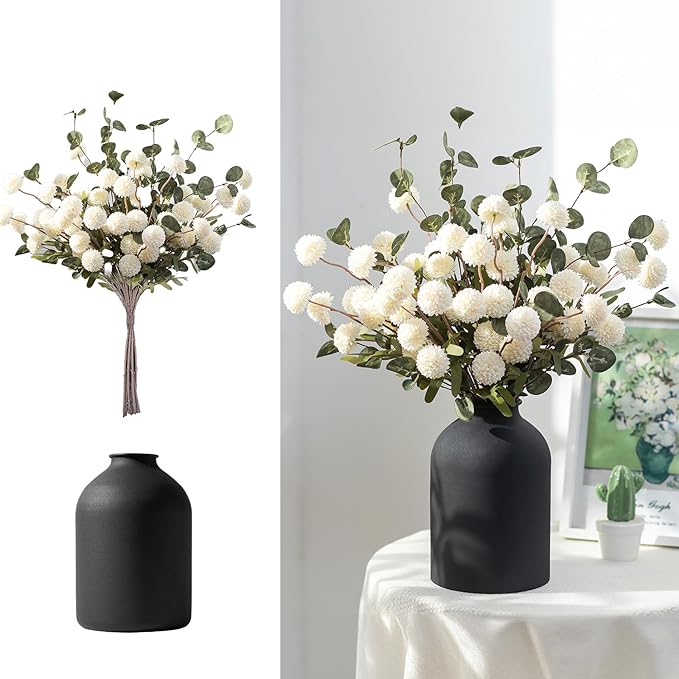 BLOSMON Fake Flowers in Vase for Centerpieces: Metal Vase with 12 Stems of Artificial Mums Kiku Flowers Eucalyptuses Home Table Decor - White Faux Pom Poms Floral Arrangements for Living Room