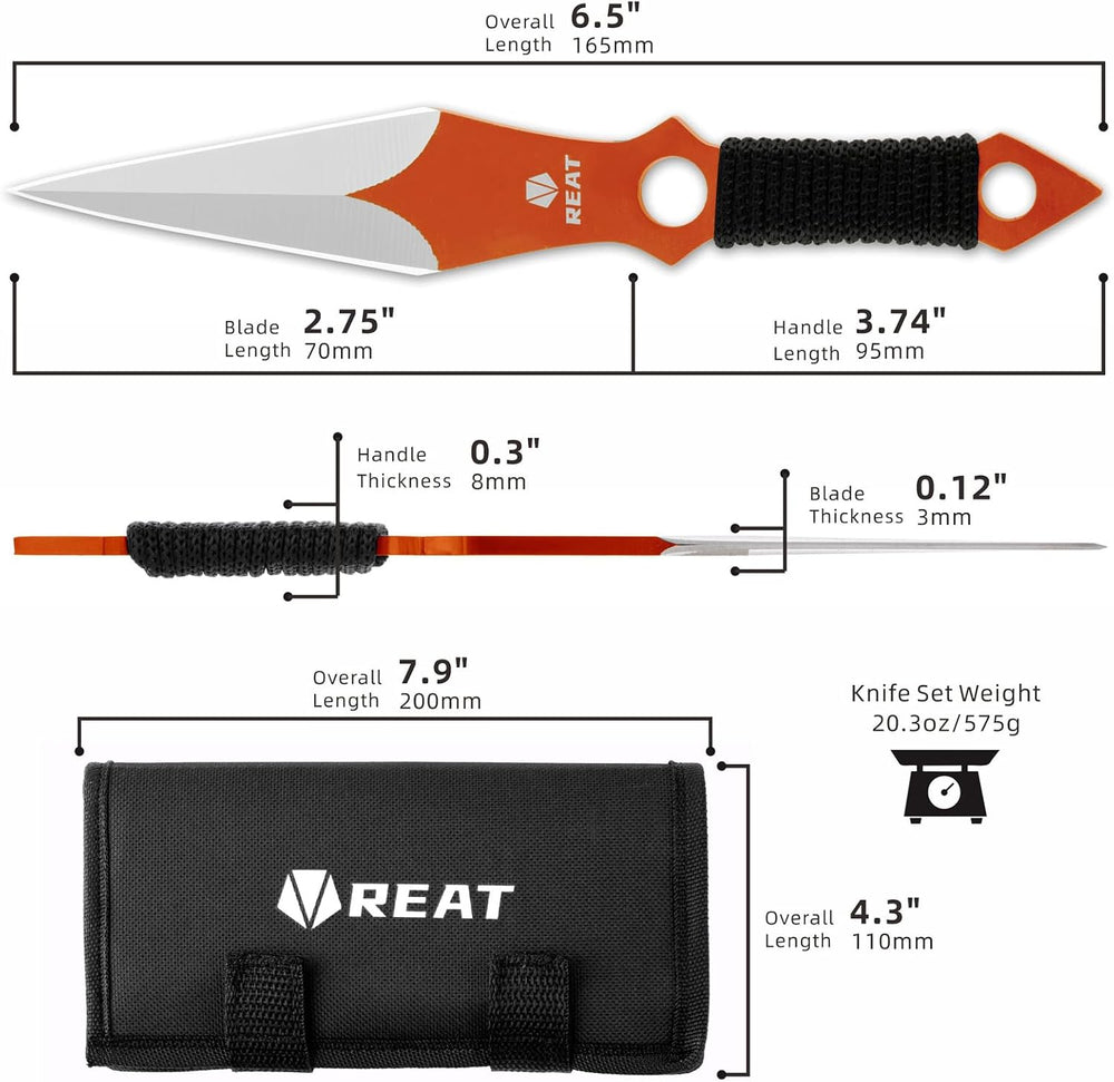 REAT Throwing Knives - 12 Piece, 6.5" 440 Stainless Steel with Cord-Wrap...