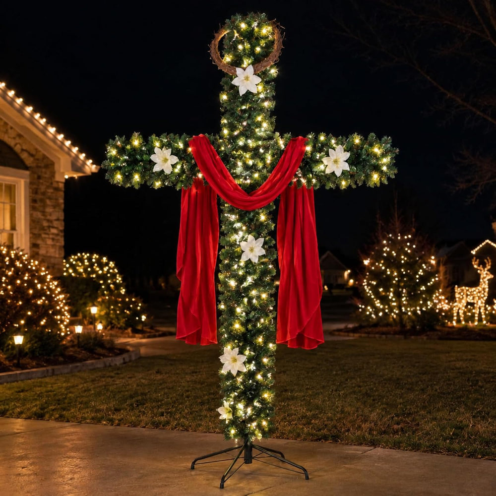 Leyndo 7 ft Lighted Christmas Cross Tree, Christian Holiday Decor