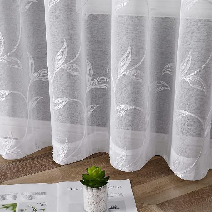 VISIONTEX White Sheer Voile Curtains, Decorative White Embroidery Faux Linen Rod Pocket Window Drapes for Home Kitchen, Living Room and Bedroom 54 x 95 Inch, Set of 2 Curtain Panels