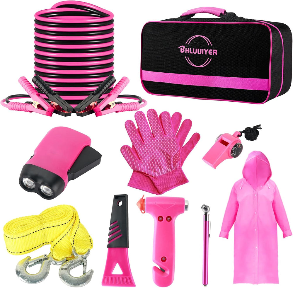Car Emergency Kit, Pink Roadside Emergency Car Kit with Jumper Cables, Tow Ro...