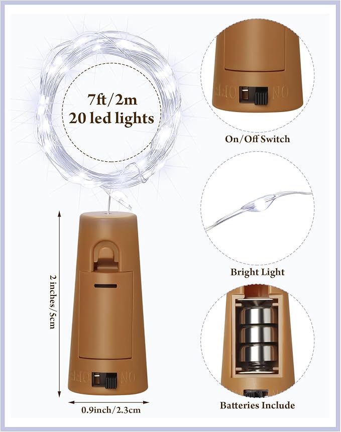 Hortsun 60 Pack Wine Bottle Lights with Cork Fairy Mini String Lights Battery Operated Mini Waterproof 7 ft Silver Wire 20 Led Cork Shape for Christmas, DIY, Party, Decor, Wedding, Bar(Cool White)