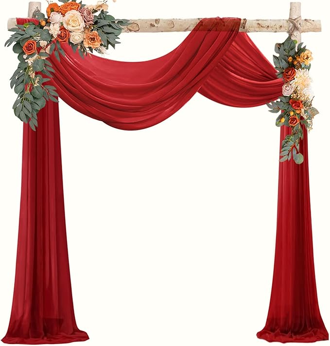 VOK Red Wedding Arch Draping Fabric 29in x 18Ft 4 Panels Sheer Chiffon Curtain Drapes Extra Long for Outdoor Wedding Ceremony Birthday Party Decoration