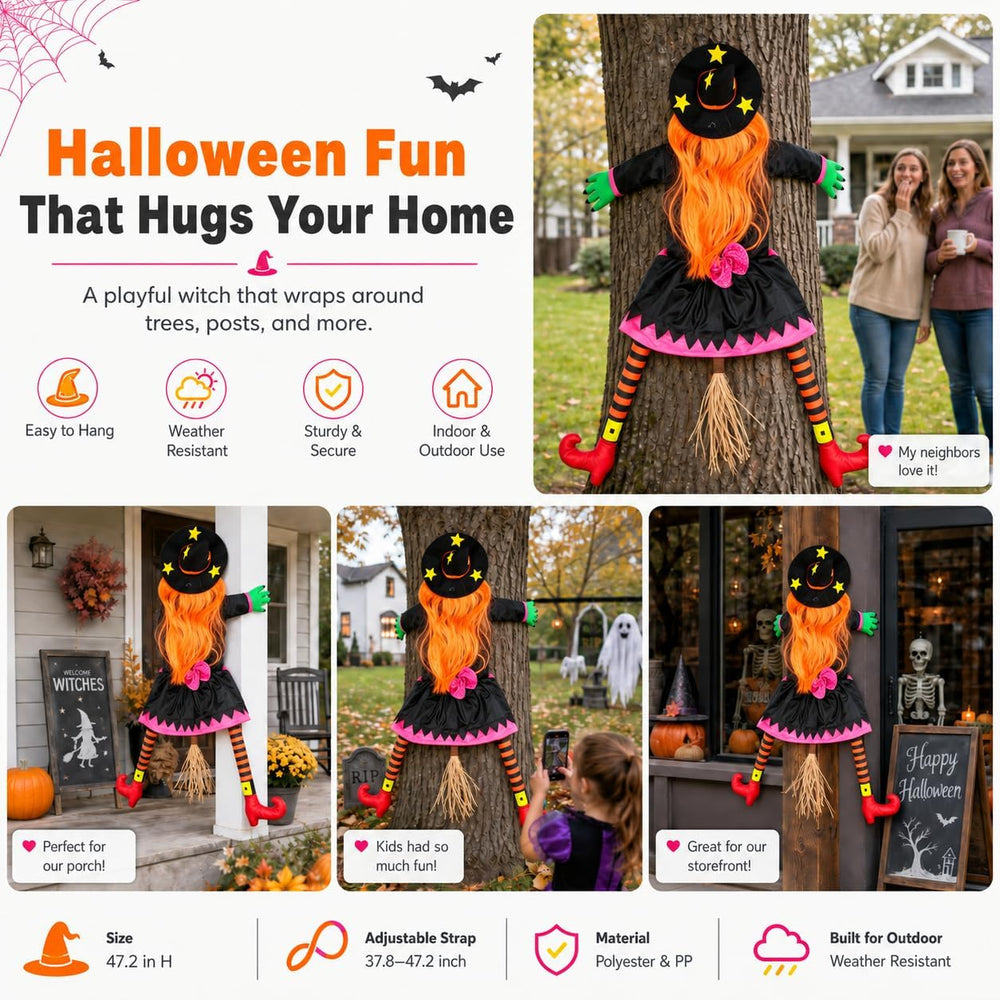 Halloween Decoration Outdoor, Tree Hugging Witch with Orange Hair