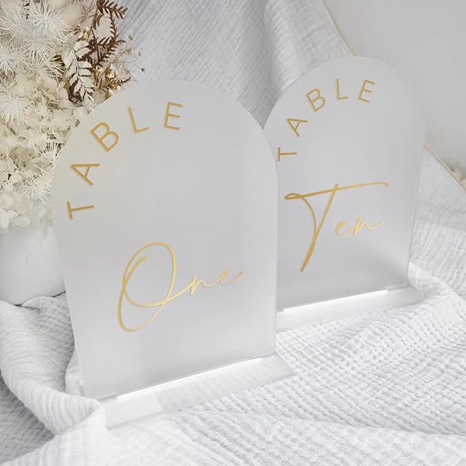 JINMURY Frosted Arch Wedding Table Numbers 1-10 with Stands, 5x7 Inch Acrylic Arch Sign with Golden Lettering, Frosted Acrylic Table Numbers for Wedding Reception
