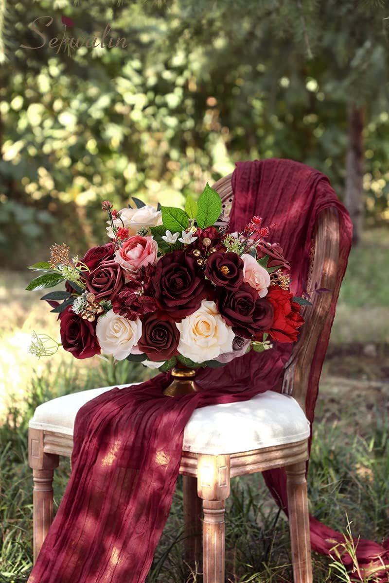 Burgundy Artificial Flowers Combo, Silk Rose Flowers for Wedding