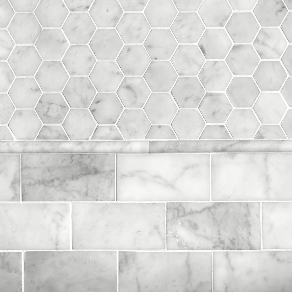 10-Pack Carrara White Marble Pencil Liner Tile, 3/4" x 12" Honed Na...