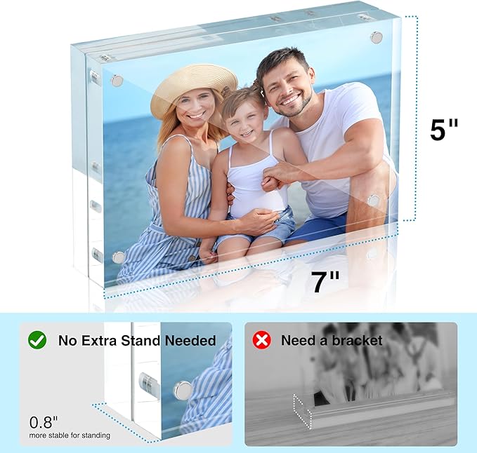 HOUSE DAY Acrylic Picture Frames 5x7, 3 Pack Magnetic 5x7 Picture Frame, Double Sided Clear 5 x 7 Photo Frame with Microfiber Cloth, Frameless FreeStanding 5x7 Frame Gift for Desktop Display