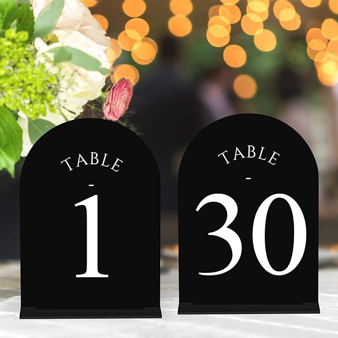 JOYIT Arch Wedding Table Numbers 1-30 with Stands – Double-Sided Printed 5" X 7" Acrylic Table Signs with Black Background White Text, Perfect Acrylic Table Numbers for Wedding Receptions, Parties, Anniversaries, and Events