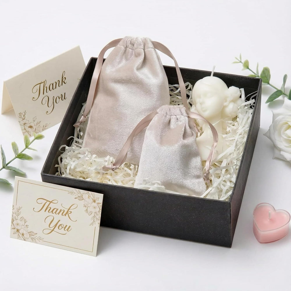 QIANF 12pcs Light Champagne Velvet Drawstring Bags 4x6 inches Glossy Small Ve...