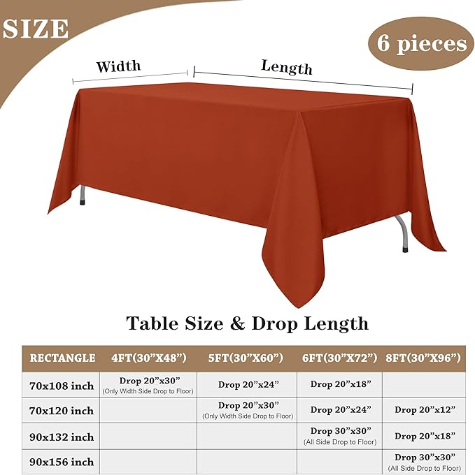 Fitable Rust Table Clothes for Rectangle Tables, 6 Pack - 90 x 156 Inch - Reusable and Elegant Fall Tablecloths, Polyester Fabric Table Covers for Wedding, Party, Banquet, Formal Events