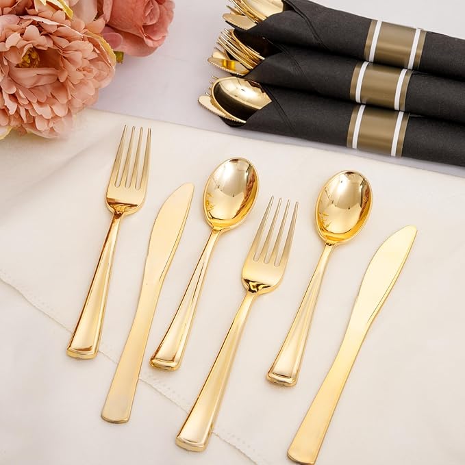 Supernal 60 Pack Gold Silverware, Rolled, Pre Wrapped with Black Napkins, Heavy Duty Plastic Cutlery, Forks and Spoons