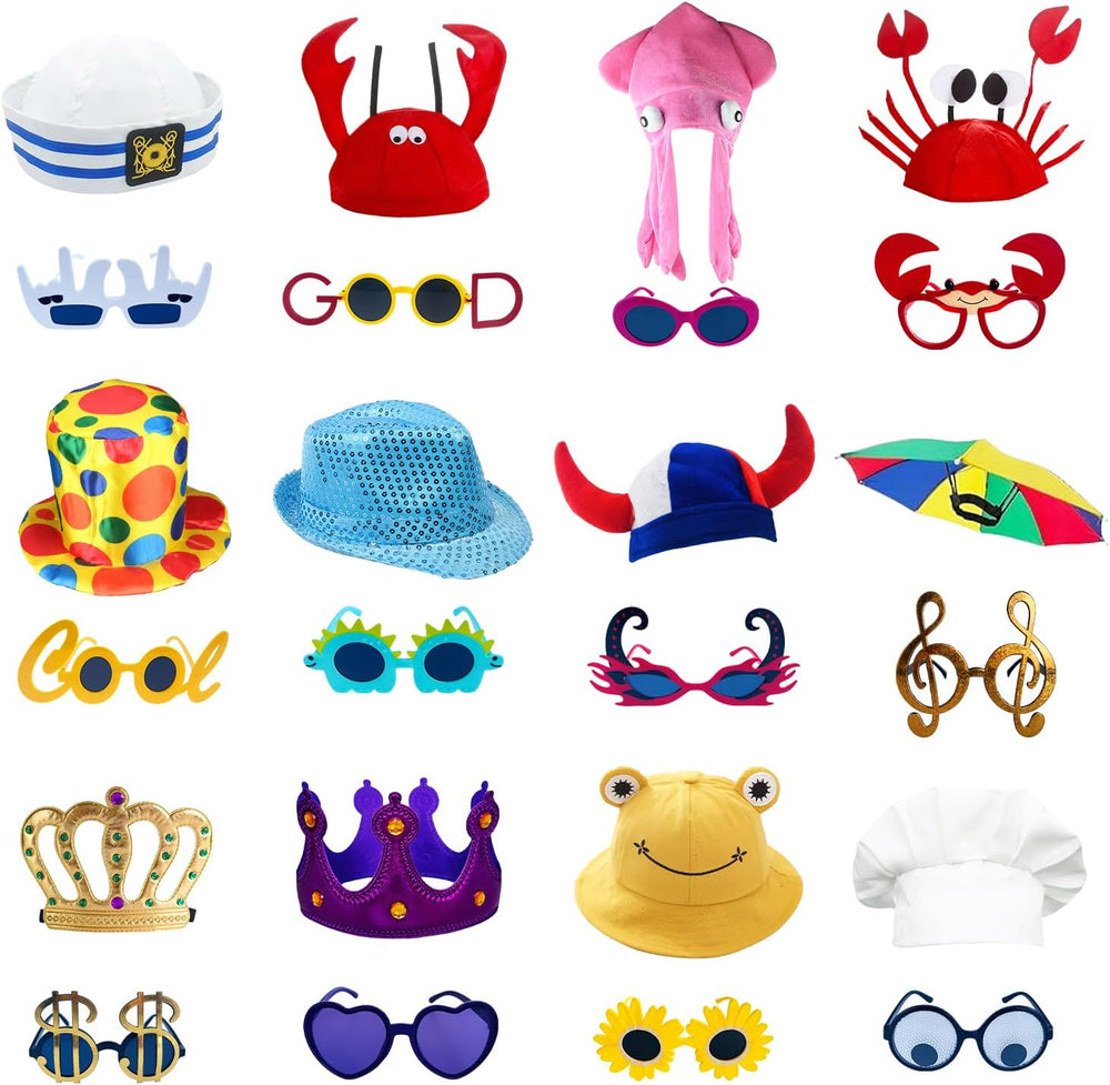 24 Funny Hats and Glasses For Photo Booth Props, 12 Assorted Crazy Party Hats...