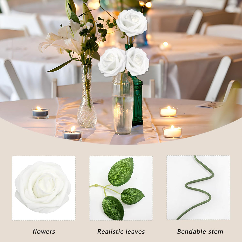 200PCS White Realistic Roses - Artificial Latex Foam Flowers with Bendable St...