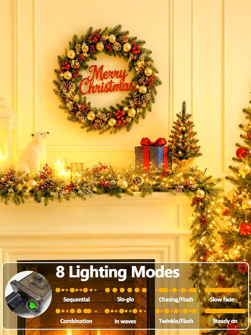1000 led cluster lights with remote, christmas tree shown in use