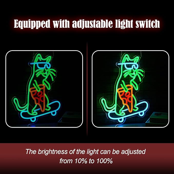 Skateboard Cat Neon Sign LED Cool Glasses Cat Neon Light for Wall Decor Pizza Neon Light Sign Dimmable USB Cat Pizza Light Up Sign for Bedroom Pizza Restaurant Pet Shop Gift (16.7 "*12.2 ")