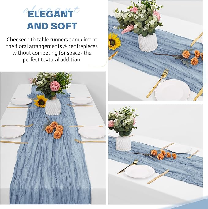 Aktor 4 Pack Dusty Blue Table Runner Boho Cheesecloth Table Runner Semi Sheer Gauze Fabric Runners for Wedding Birthday Baby Shower Party Boho Table Decoration（Dusty Blue）