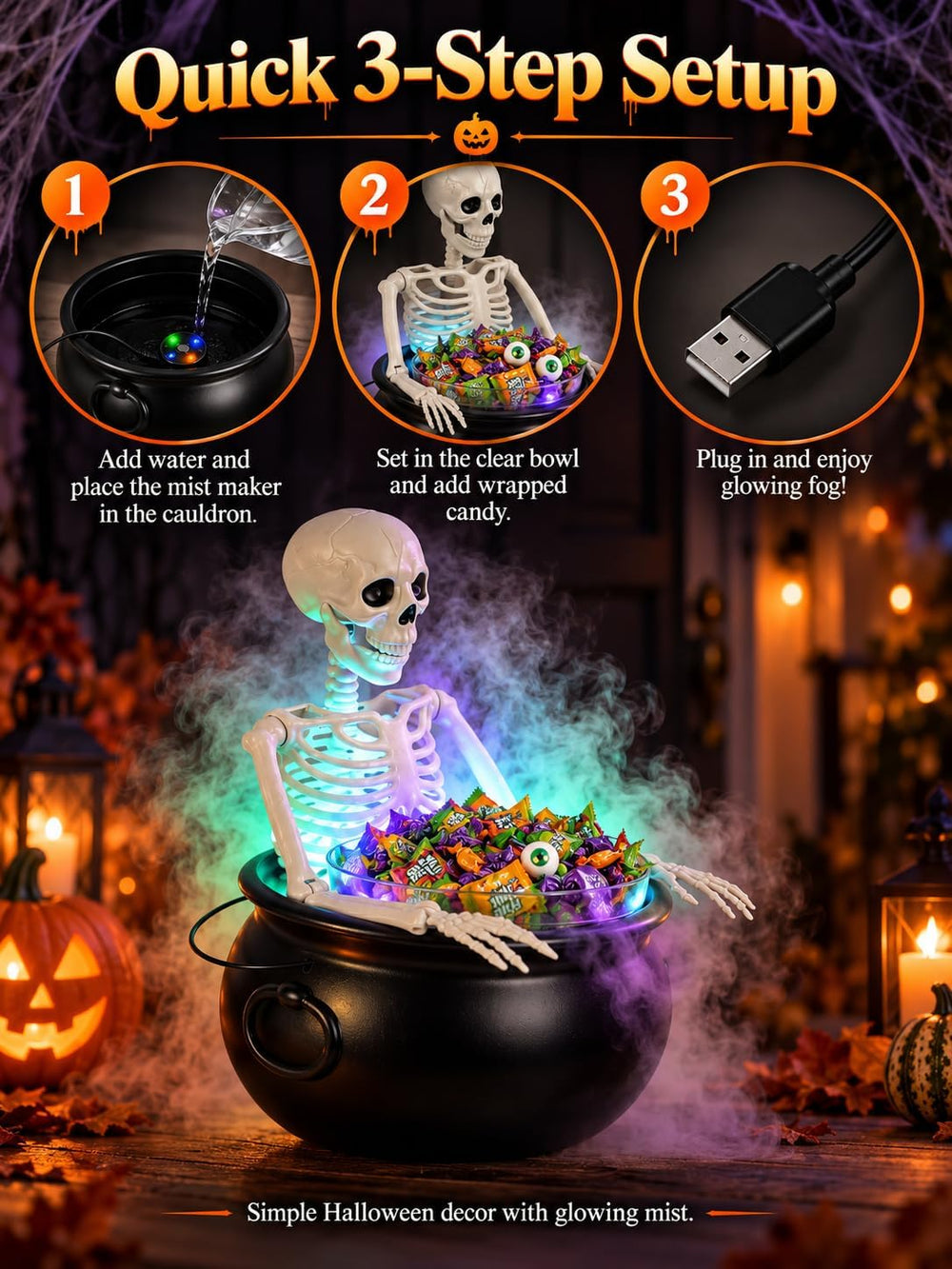 HOMELEX Halloween Cauldron Candy Bowl with Skeleton, LED Mist Maker Decor for...