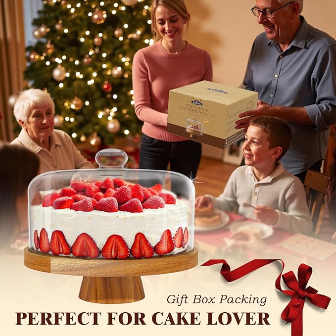 Acacia Wood Cake Stand with Lid, 12" Glass Cake Stand with Dome Cake Holder, 2-in-1 Dessert Table Display Set & Charcuterie Board for Weddings, Parties, Bakeries
