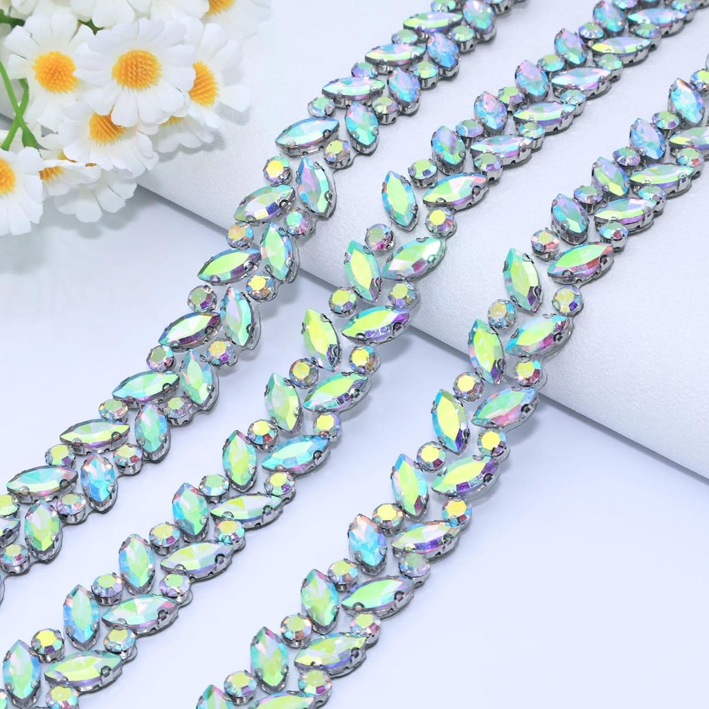 6 Yards Crystal Rhinestone Ribbon Trim, AB Silver Self Adhesive Bling Diamond Tape Strips Roll, Chain Applique Stickers for Dress Wedding Fringe & DIY Craft Decoration